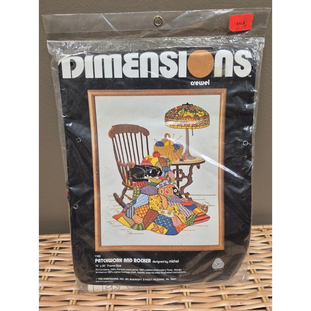 Dimensions Vintage 1980 Crewel Embroidery Kit Patchwork Rocker Cat Quilt NOS